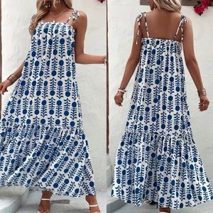 Geo Print Ruffle Hem Cami Linen Like Dress